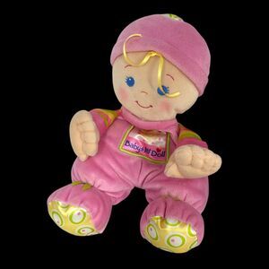 Fisher Price Baby's 1st Doll Plush Pink 2008 Blond Blue Eyes Rattle 10 Inches